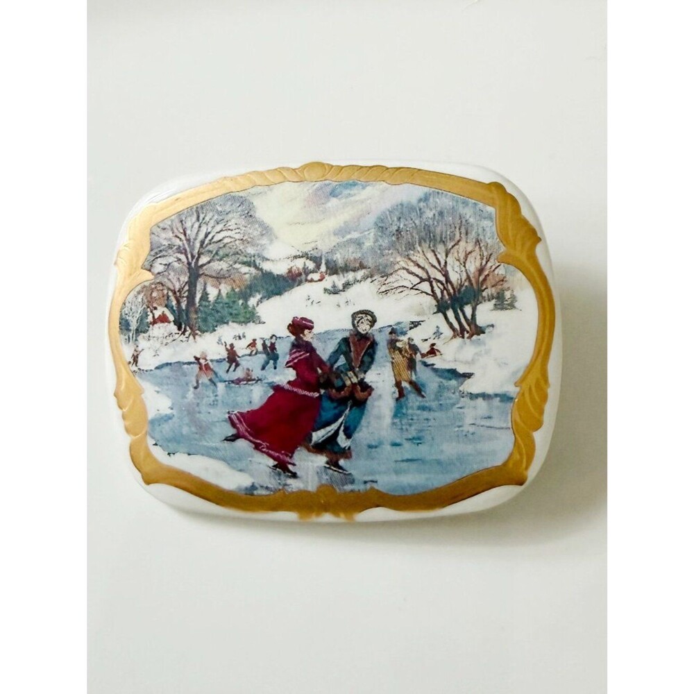 Vintage Victorian Ice Skating Porcelain Brooch Gold Tone Winter Scene